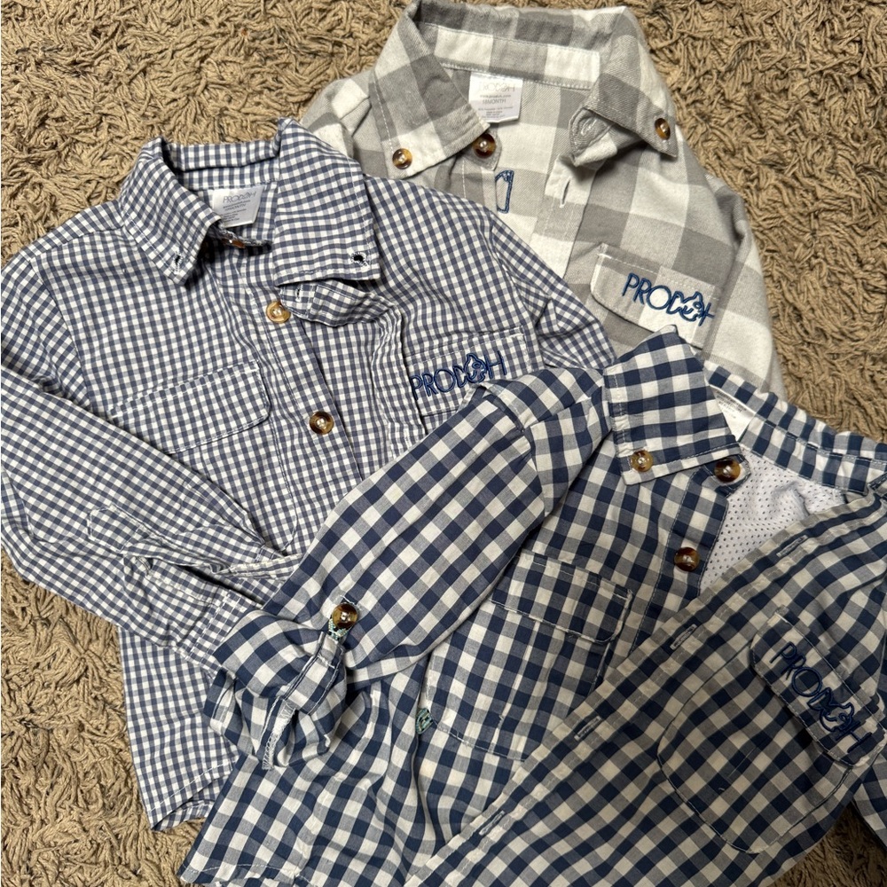 Boys Gingham Button-Up Shirt Trio in Navy, Light Gray, White